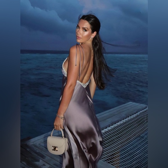 Zara Elegant Satin Slip Dress Lace Lingerie Liliac Maxi Evening Party XS - Picture 2 of 13